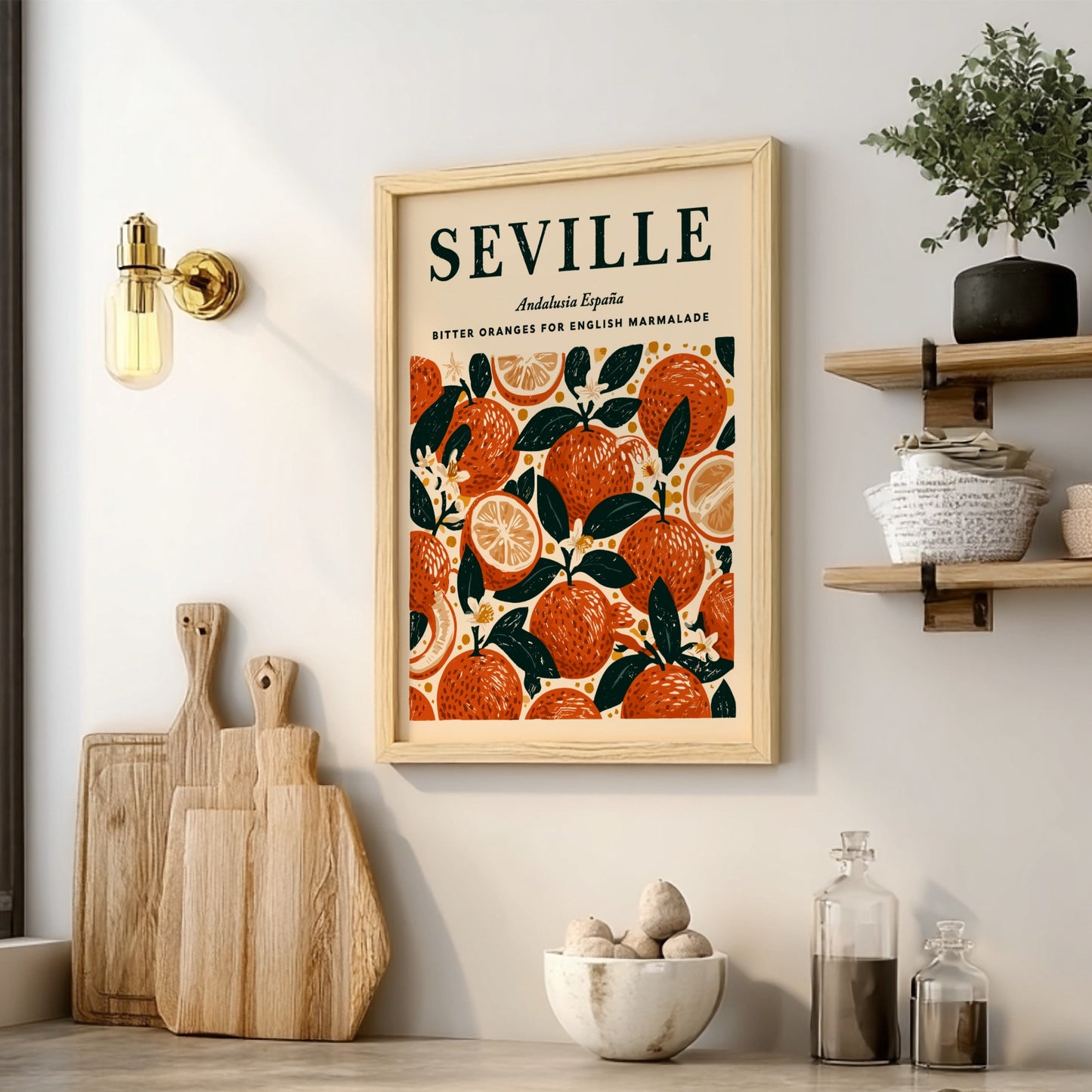 Seville kitchen poster featuring vibrant citrus fruits in warm colors, perfect for kitchen decor