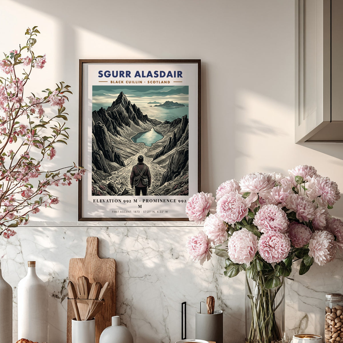 Poster of Sgurr Alasdair in Scotland featuring a hiker looking toward a mountain lake.