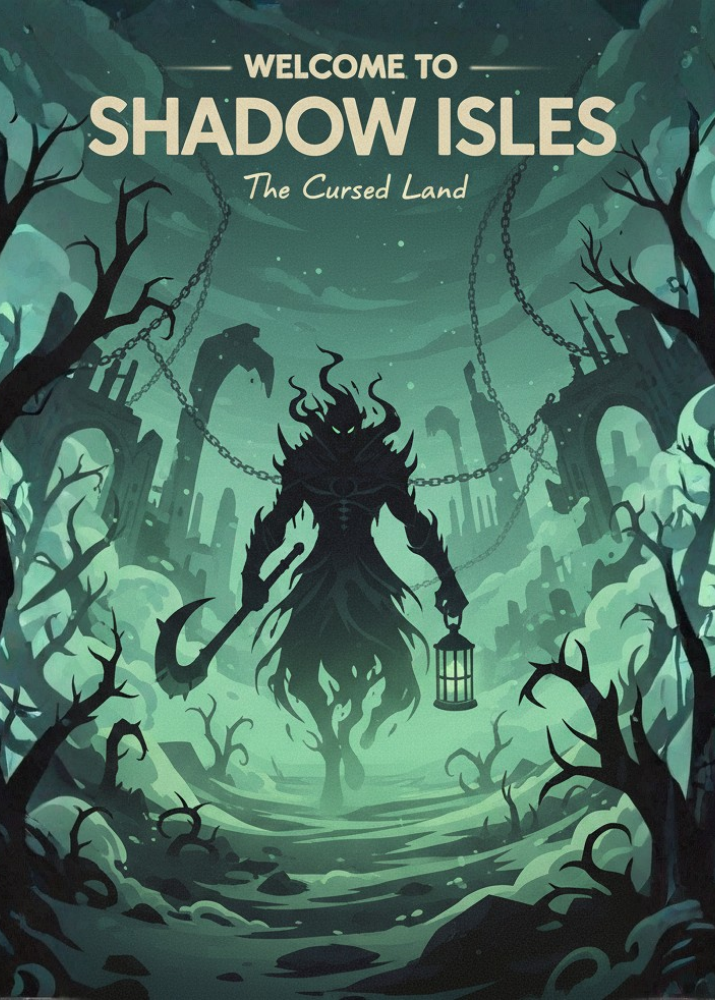 Cover of 'Shadow Isles: The Cursed Land' with a dark, eerie landscape and a figure holding a lantern.