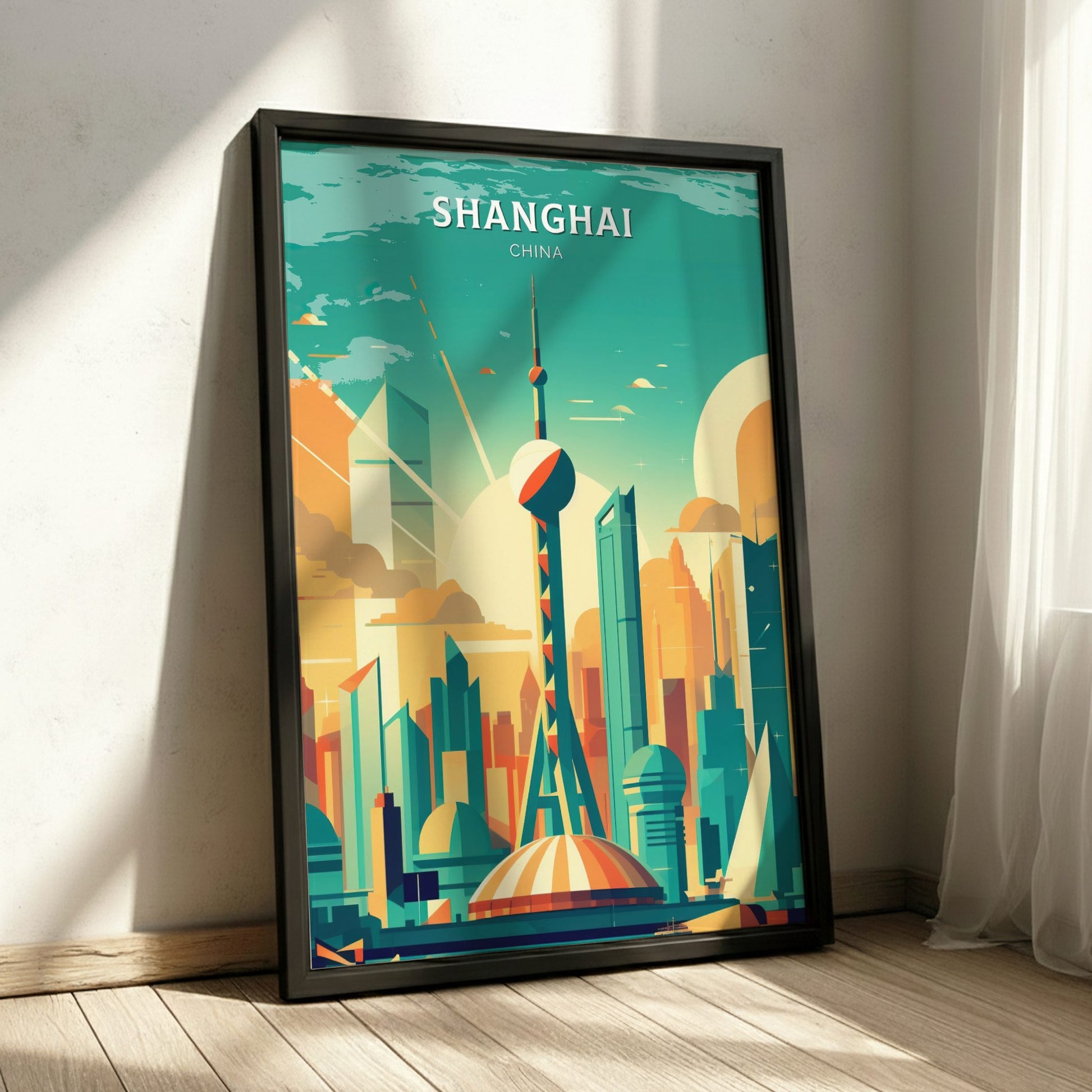 Framed poster of Shanghai skyline on a wall