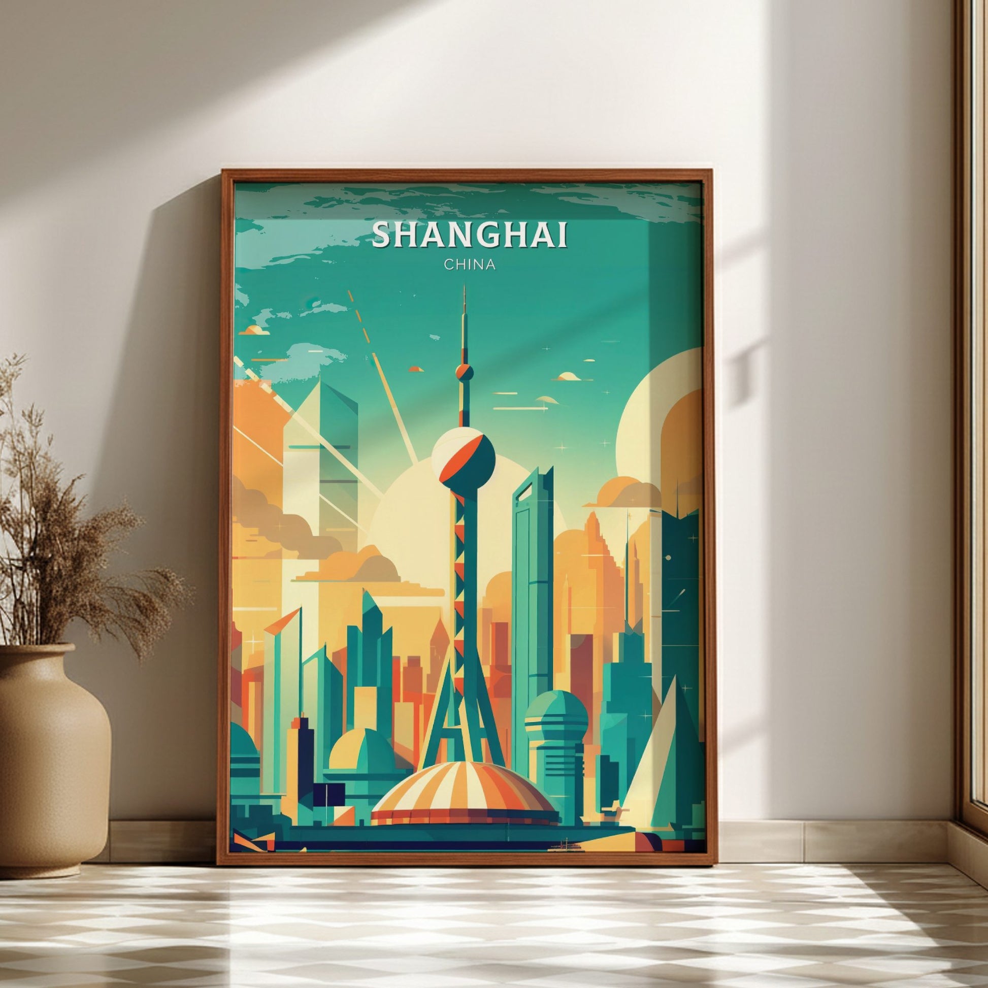 Framed poster of Shanghai, China with a modern cityscape design on a wall.