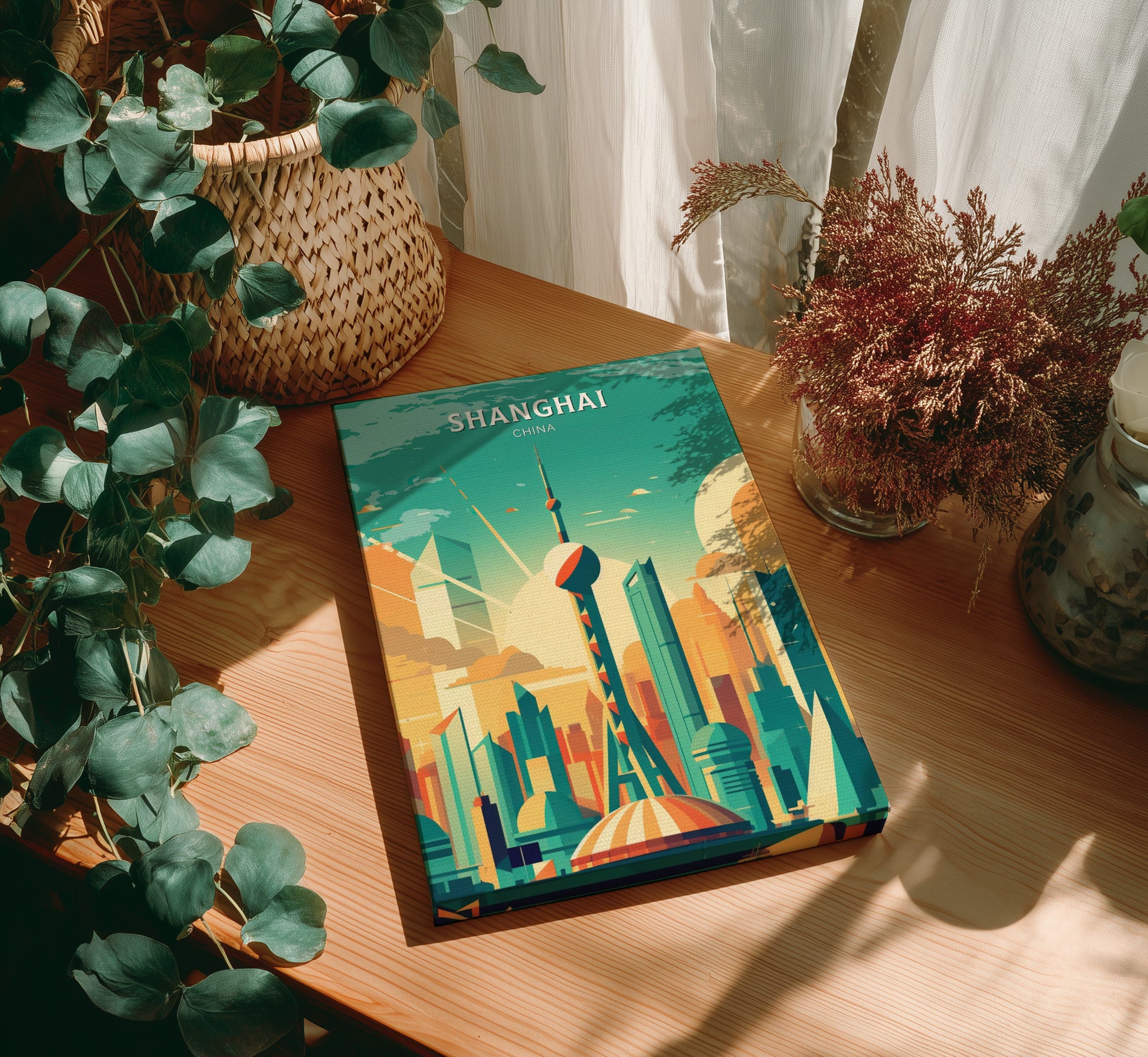 Book titled 'Shanghai' on a wooden table with plants around