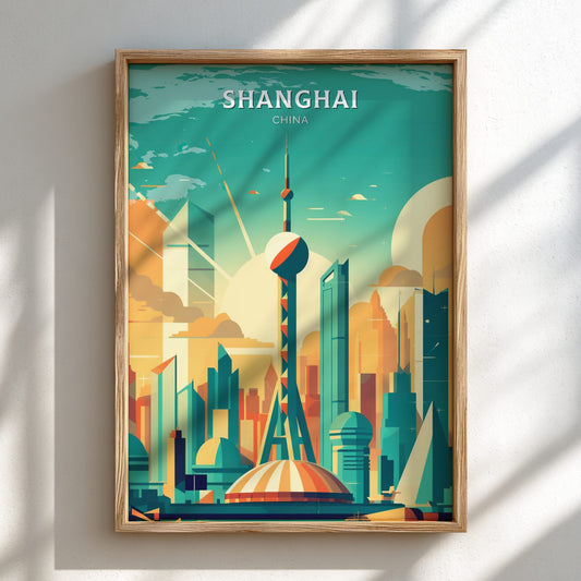 Framed poster of Shanghai with colorful cityscape illustration.