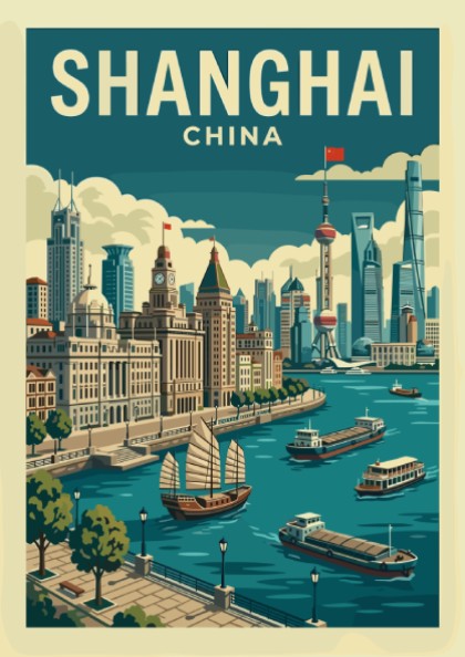 Shanghai skyline travel poster with junks on the river, vintage style, muted colors.