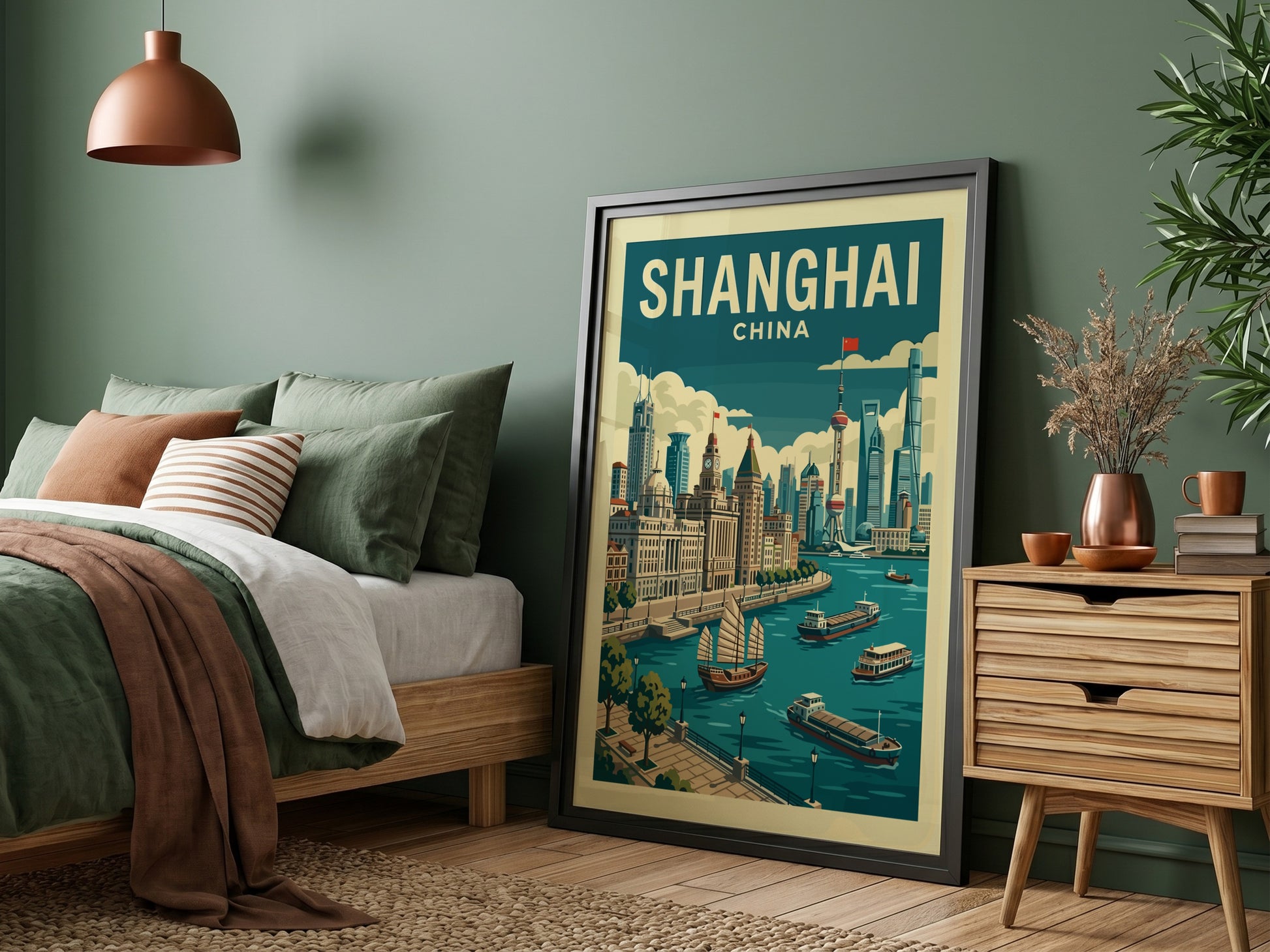 Shanghai skyline travel poster with junks on the river, vintage style, muted colors.