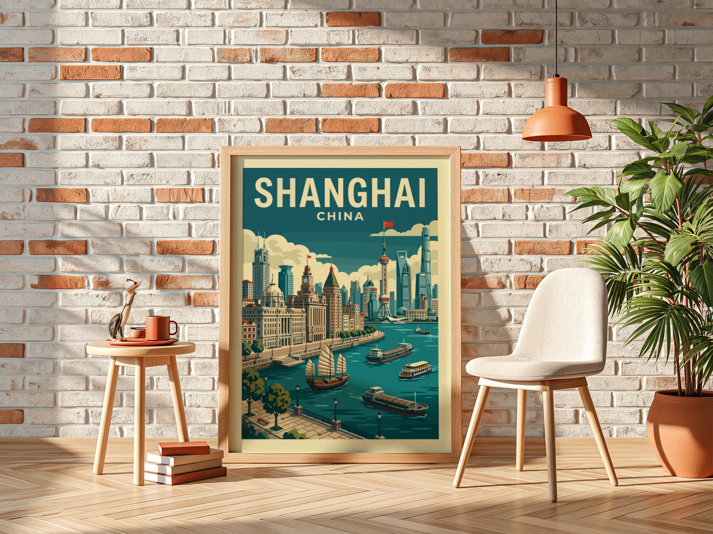 Shanghai skyline travel poster with junks on the river, vintage style, muted colors.