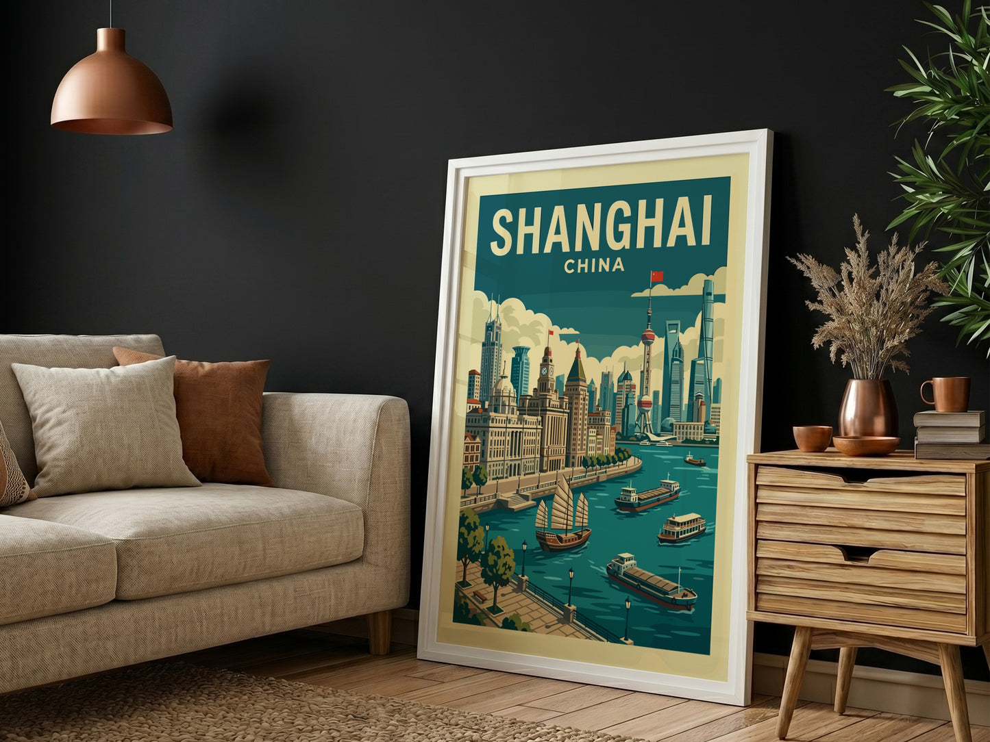 Shanghai skyline travel poster with junks on the river, vintage style, muted colors.
