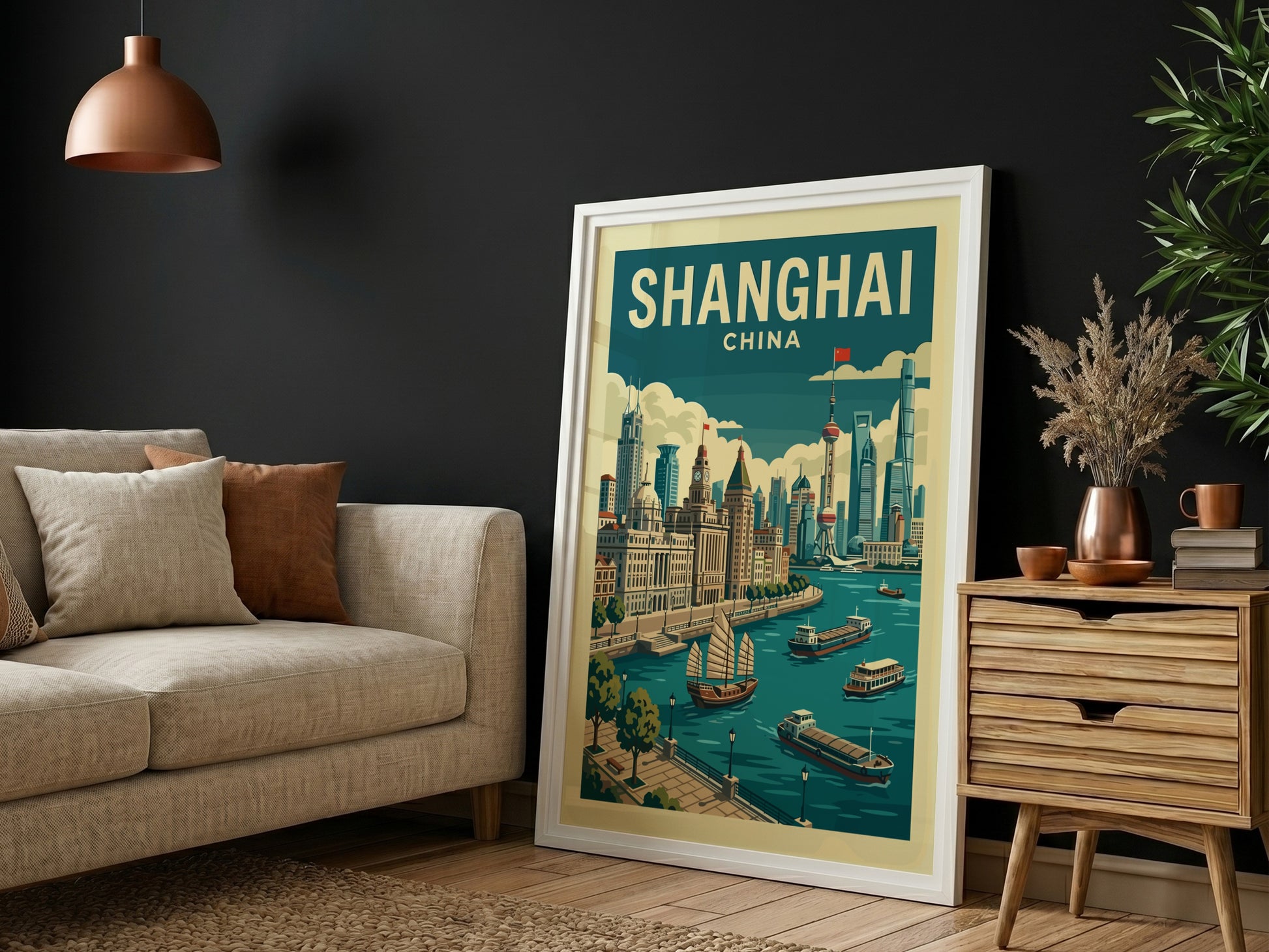 Shanghai skyline travel poster with junks on the river, vintage style, muted colors.