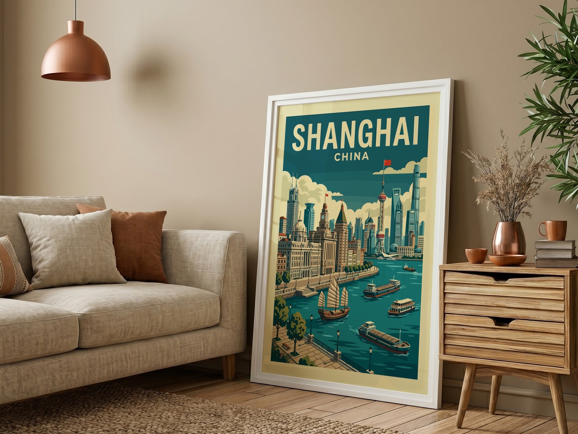 Shanghai skyline travel poster with junks on the river, vintage style, muted colors.