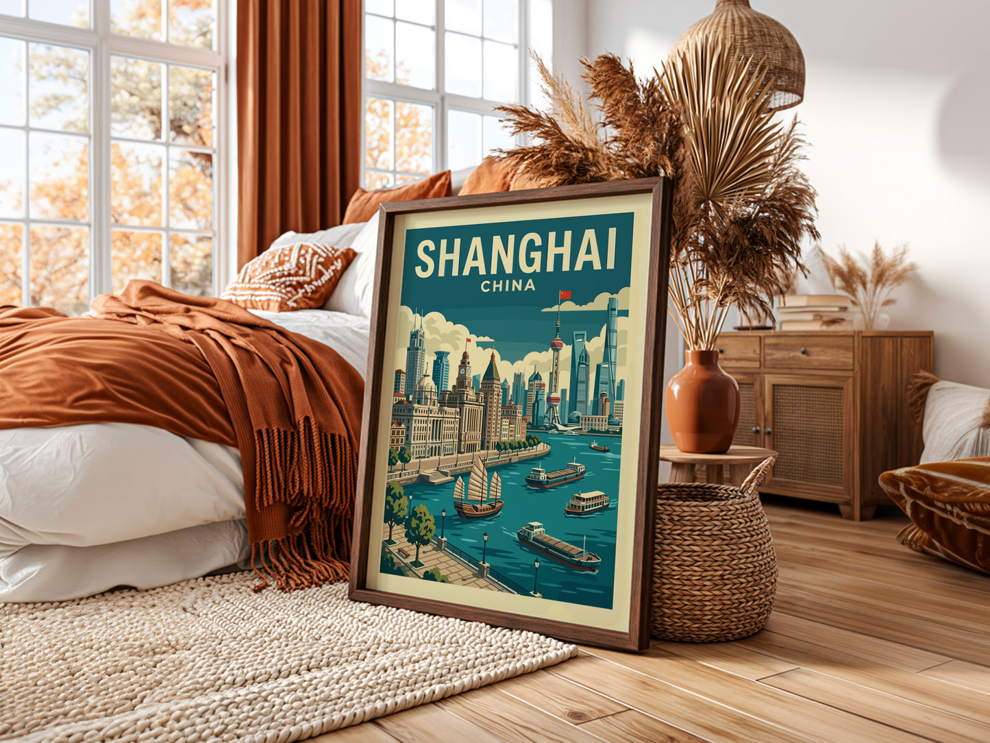 Shanghai skyline travel poster with junks on the river, vintage style, muted colors.