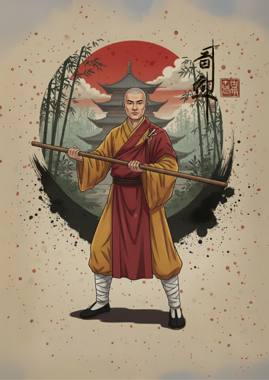 Illustration of a monk holding a staff with a traditional Japanese landscape in the background