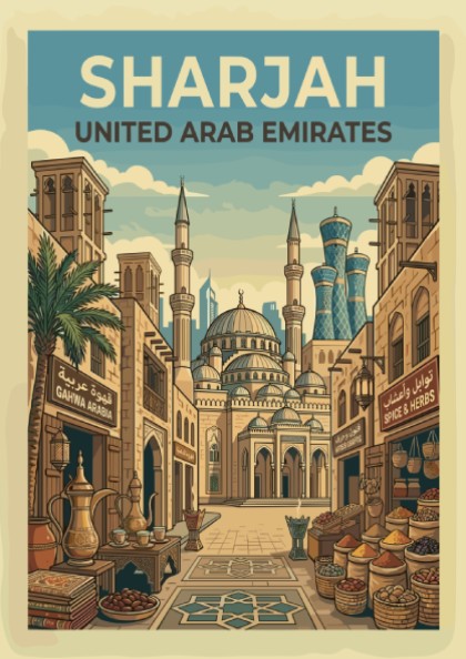 Vintage travel poster of Sharjah, United Arab Emirates, featuring city architecture and a warm color palette.