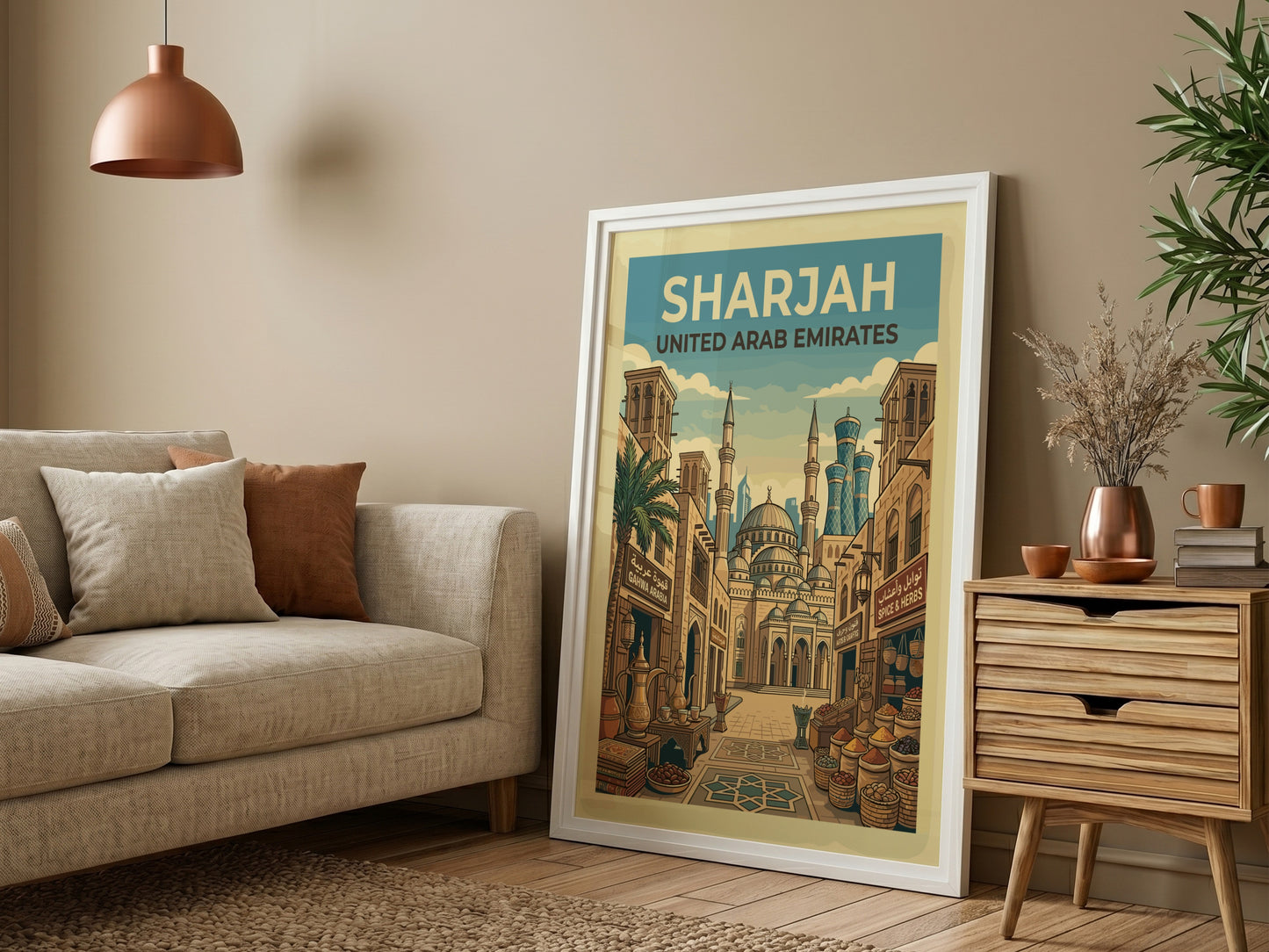 Vintage travel poster of Sharjah, United Arab Emirates, featuring city architecture and a warm color palette.