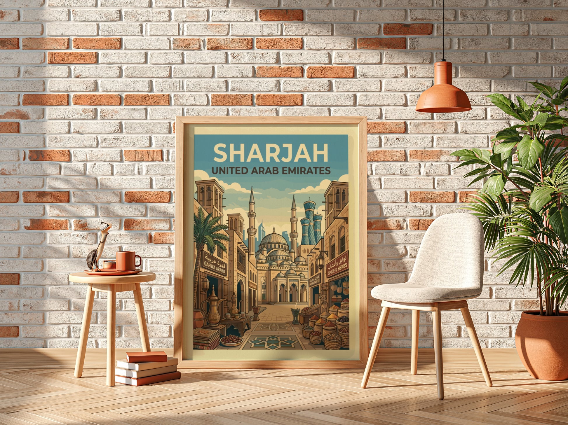 Vintage travel poster of Sharjah, United Arab Emirates, featuring city architecture and a warm color palette.