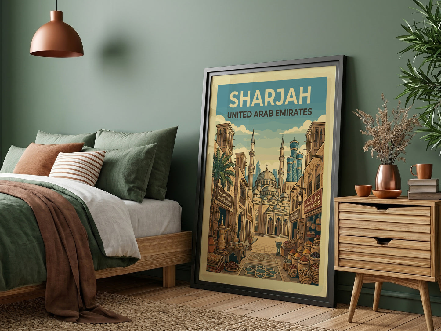 Vintage travel poster of Sharjah, United Arab Emirates, featuring city architecture and a warm color palette.