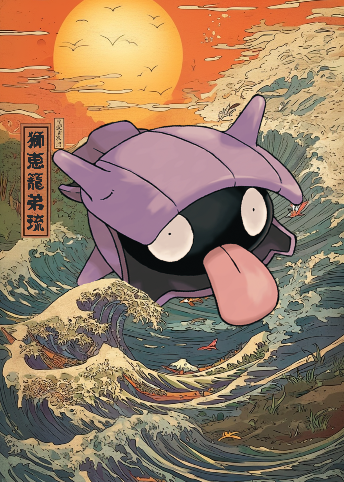 Shellder Pokemon on a wave background inspired by famous artwork.