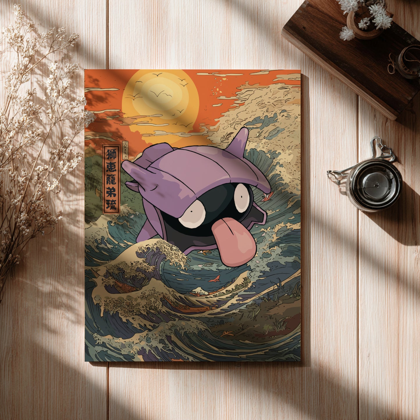 Cartoon character on a wave with a sunset background on a wooden surface