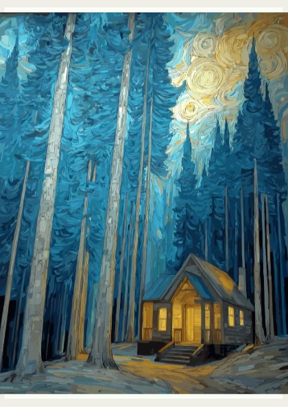 Shelter - Small Cabin and Tall Pine Trees Evening Wall Art