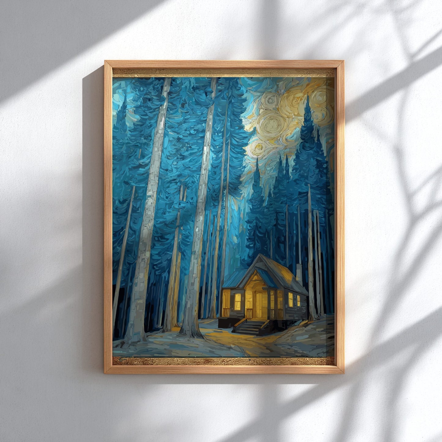 Shelter - Small Cabin and Tall Pine Trees Evening Wall Art