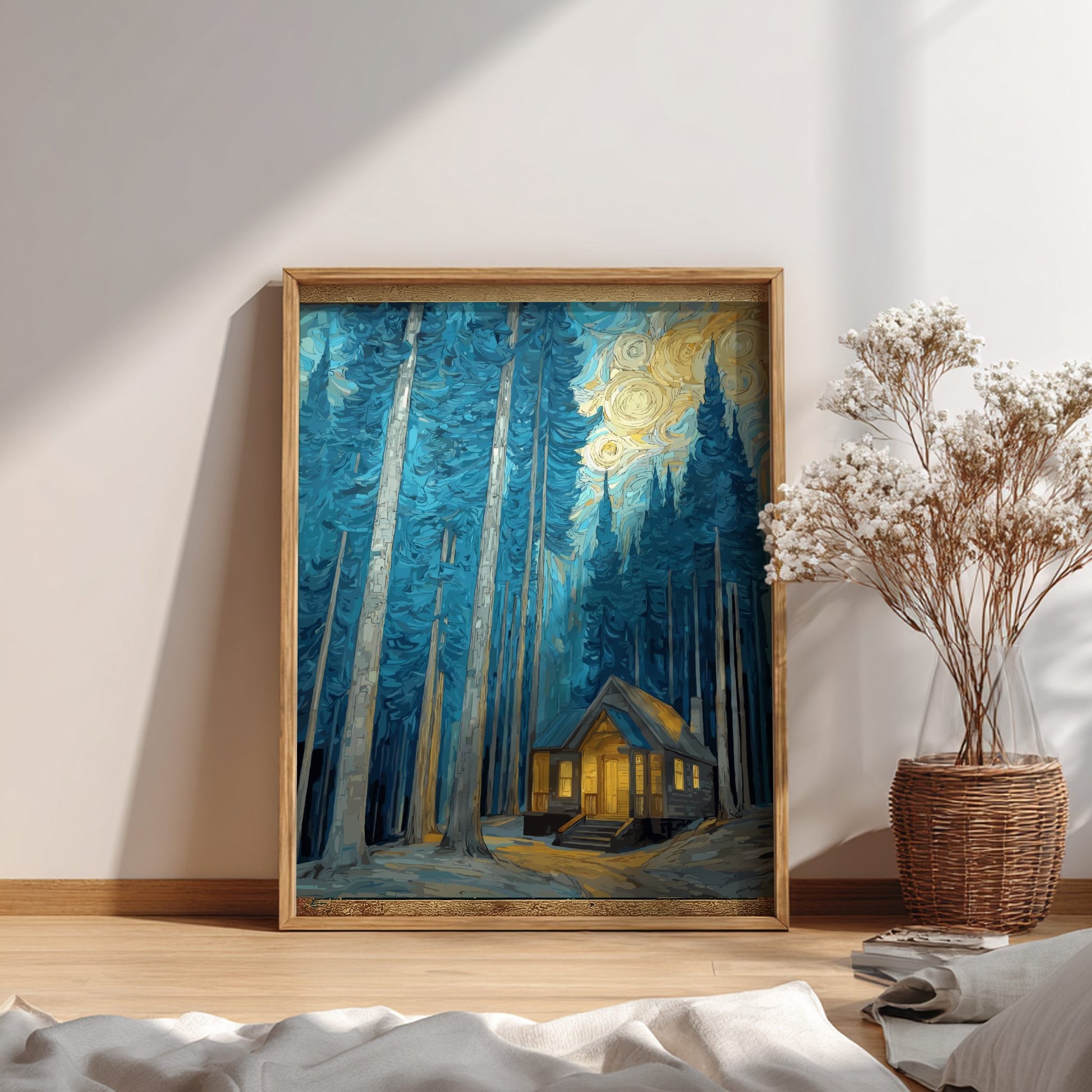 Shelter - Small Cabin and Tall Pine Trees Evening Wall Art