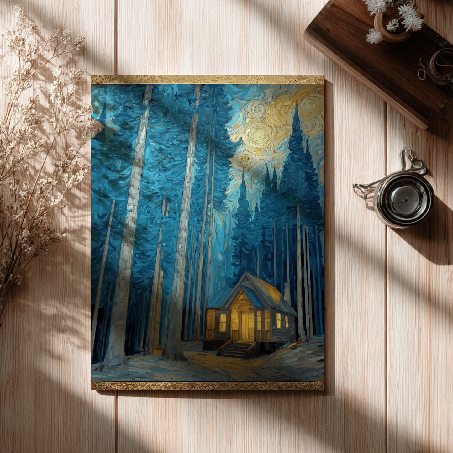 Shelter - Small Cabin and Tall Pine Trees Evening Wall Art