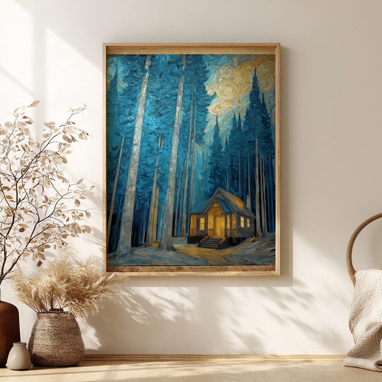 Shelter - Small Cabin and Tall Pine Trees Evening Wall Art