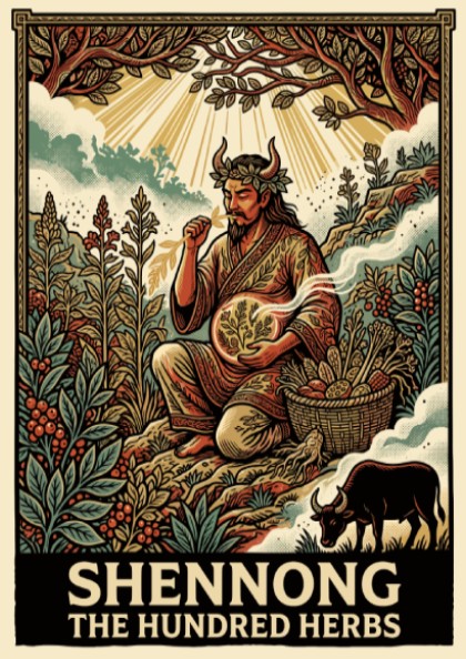 Poster of Shennong The Hundred Herbs featuring a mythological figure surrounded by medicinal plants.
