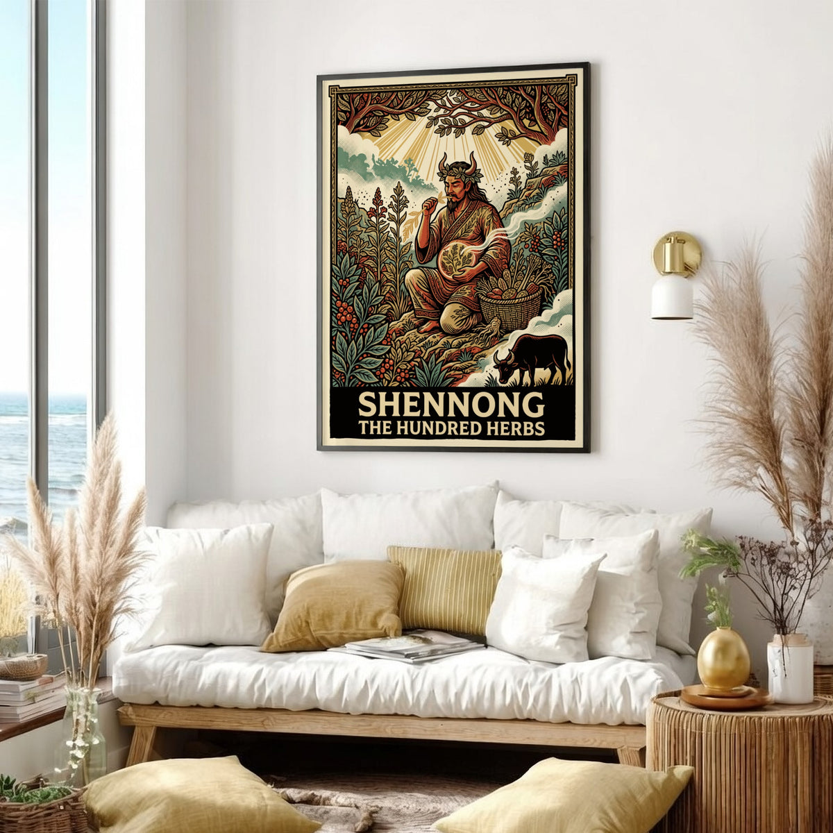 Poster of Shennong The Hundred Herbs featuring a mythological figure surrounded by medicinal plants.