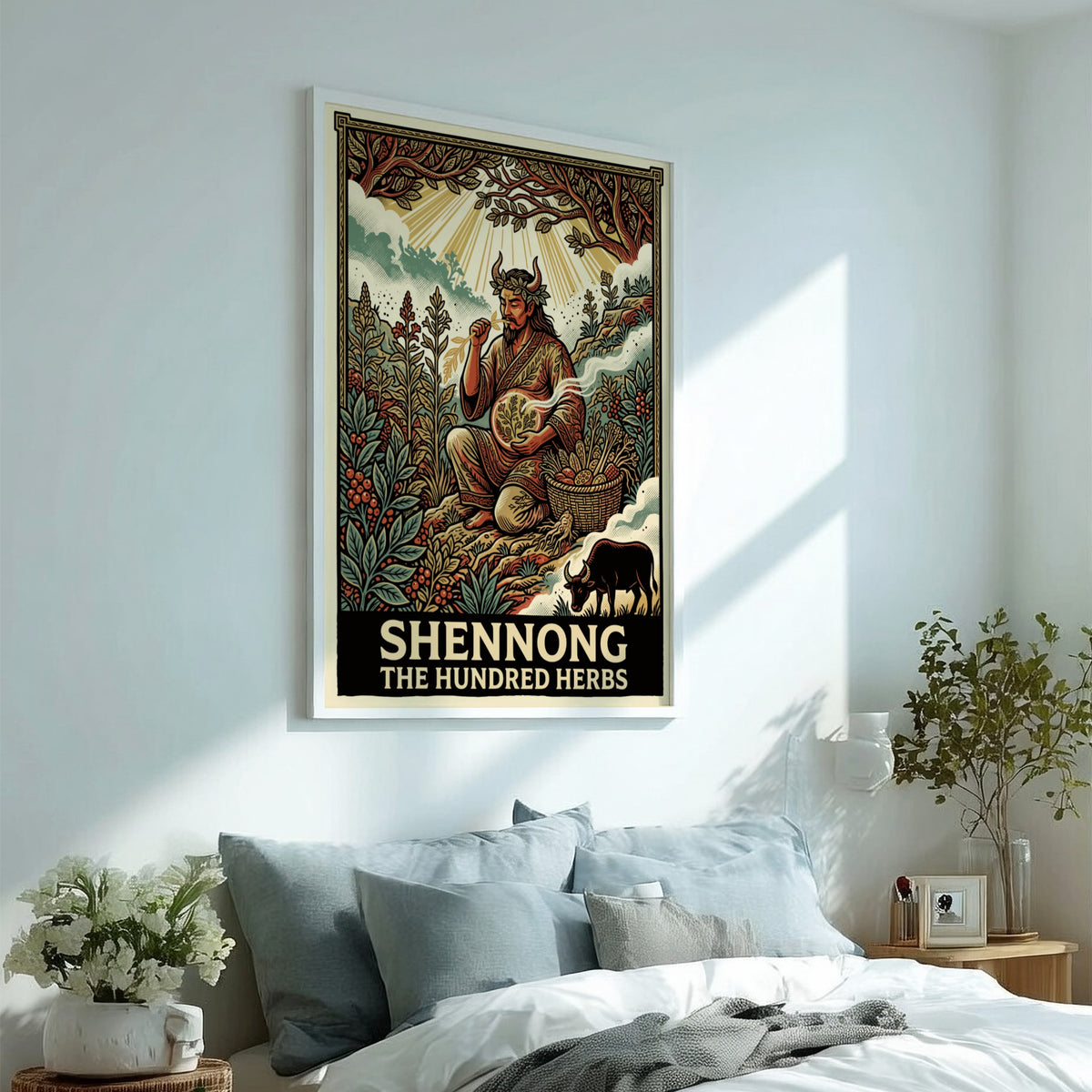 Poster of Shennong The Hundred Herbs featuring a mythological figure surrounded by medicinal plants.