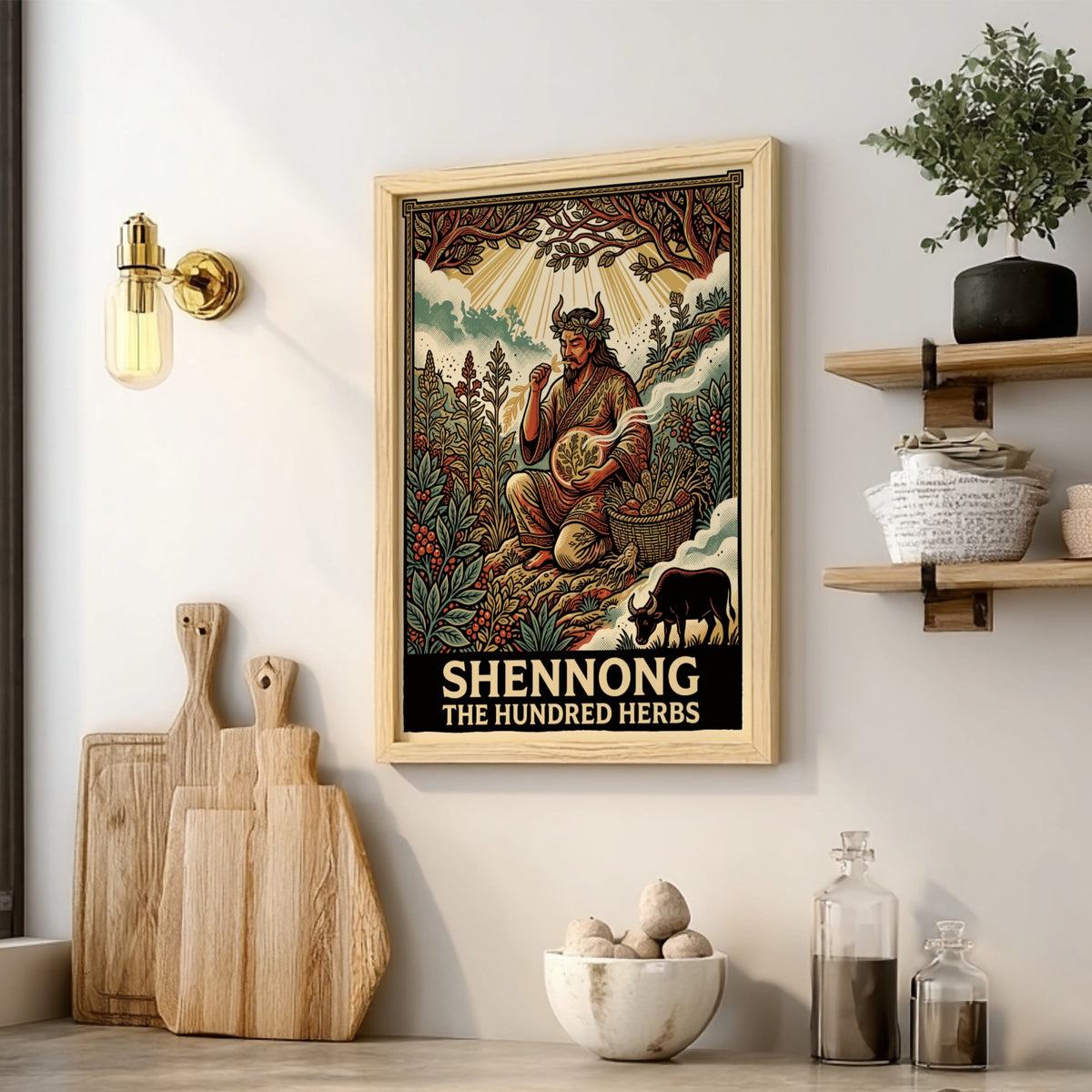Poster of Shennong The Hundred Herbs featuring a mythological figure surrounded by medicinal plants.