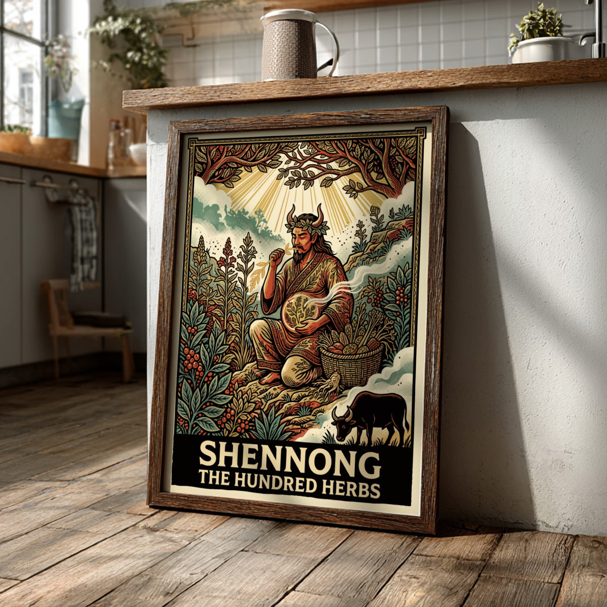 Poster of Shennong The Hundred Herbs featuring a mythological figure surrounded by medicinal plants.