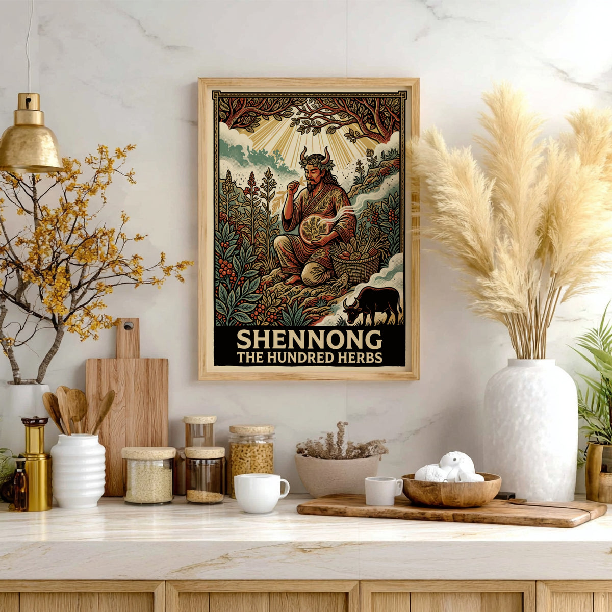 Poster of Shennong The Hundred Herbs featuring a mythological figure surrounded by medicinal plants.