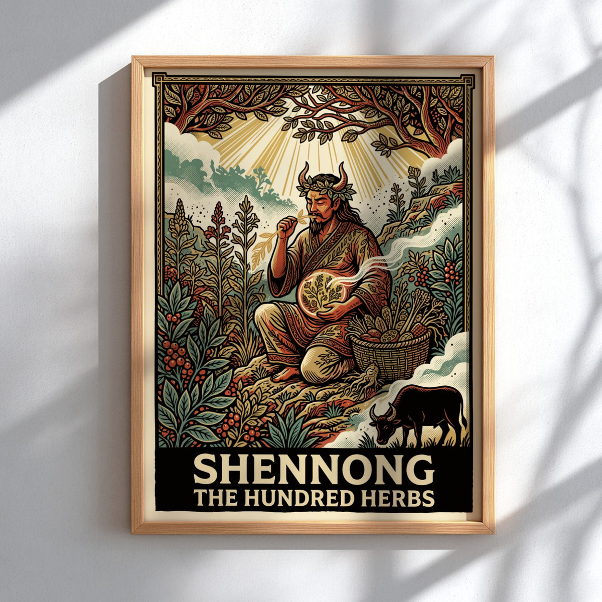 Poster of Shennong The Hundred Herbs featuring a mythological figure surrounded by medicinal plants.