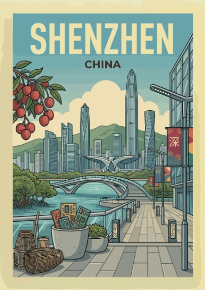Shenzhen China skyline travel poster with futuristic skyscrapers and a bridge, rendered in a retro art style.