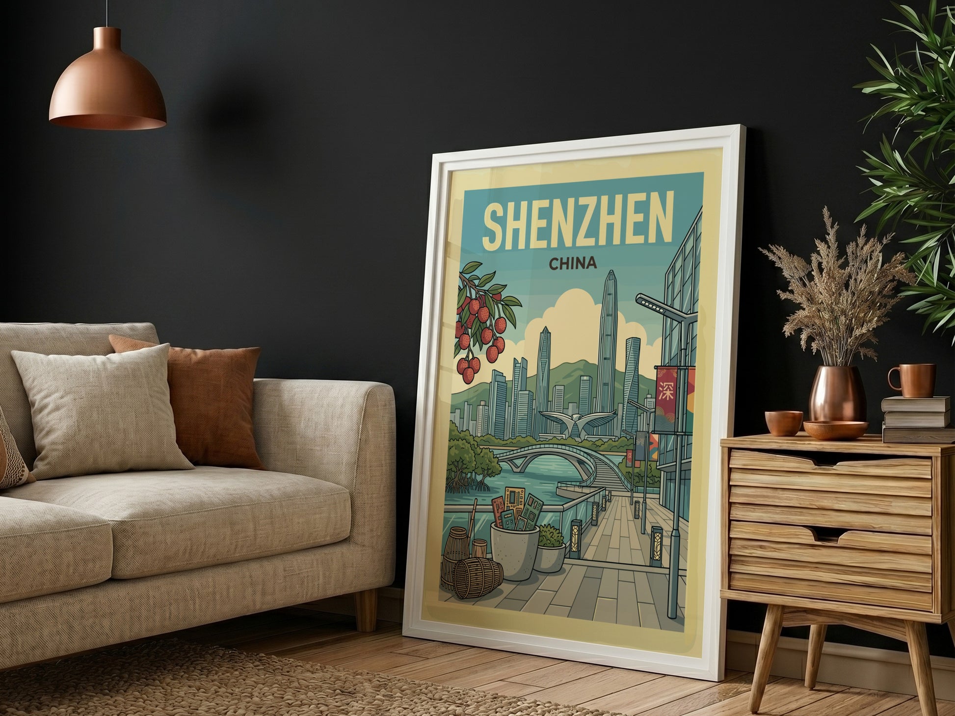 Shenzhen China skyline travel poster with futuristic skyscrapers and a bridge, rendered in a retro art style.