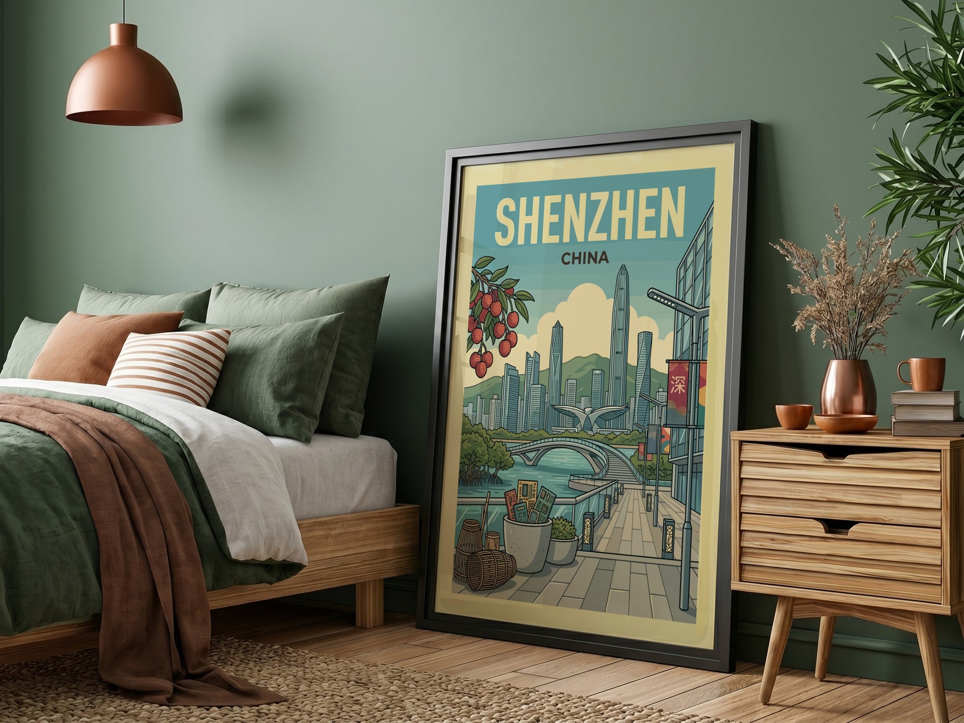 Shenzhen China skyline travel poster with futuristic skyscrapers and a bridge, rendered in a retro art style.
