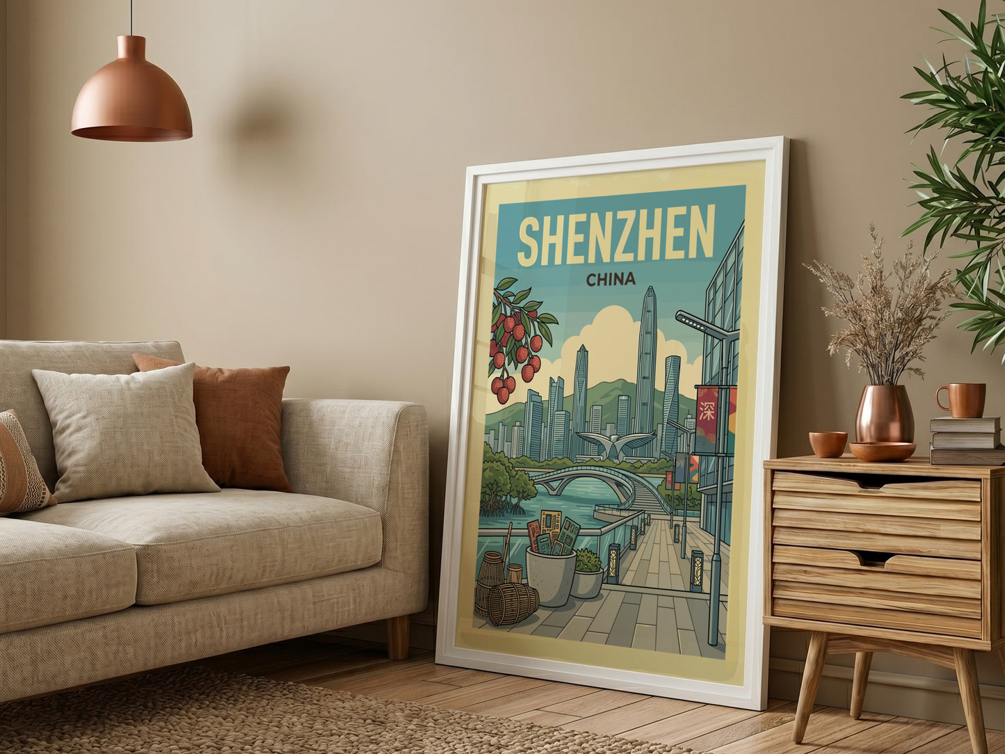 Shenzhen China skyline travel poster with futuristic skyscrapers and a bridge, rendered in a retro art style.