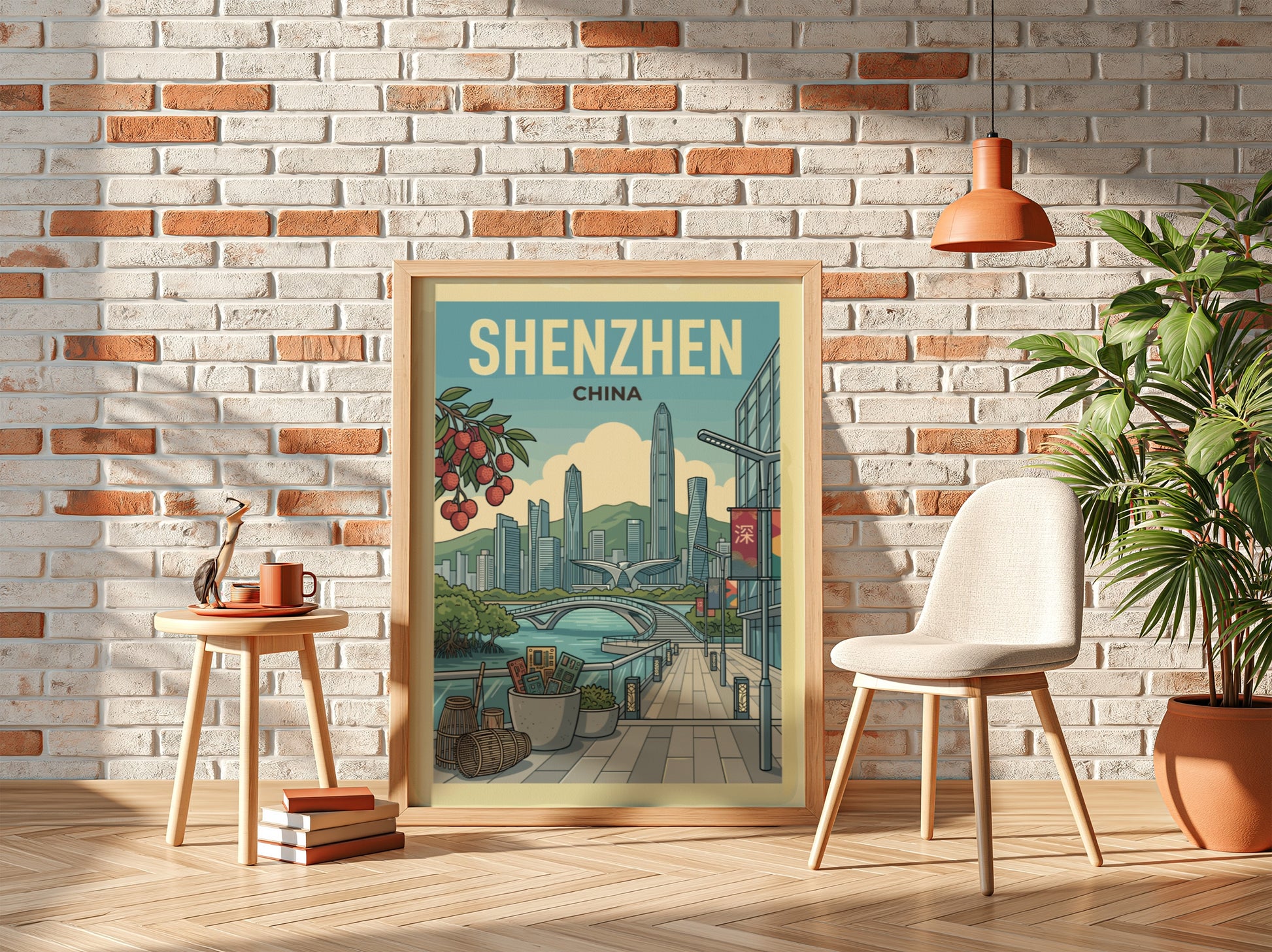 Shenzhen China skyline travel poster with futuristic skyscrapers and a bridge, rendered in a retro art style.