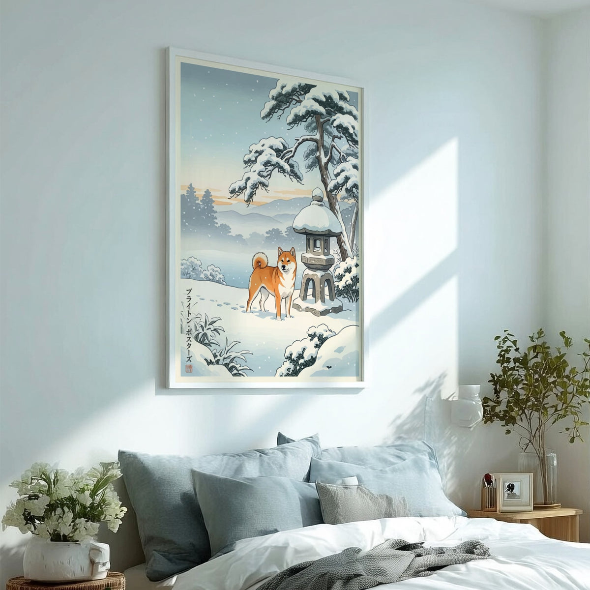 Poster featuring a Shiba Inu standing in snow next to a stone lantern outdoors.