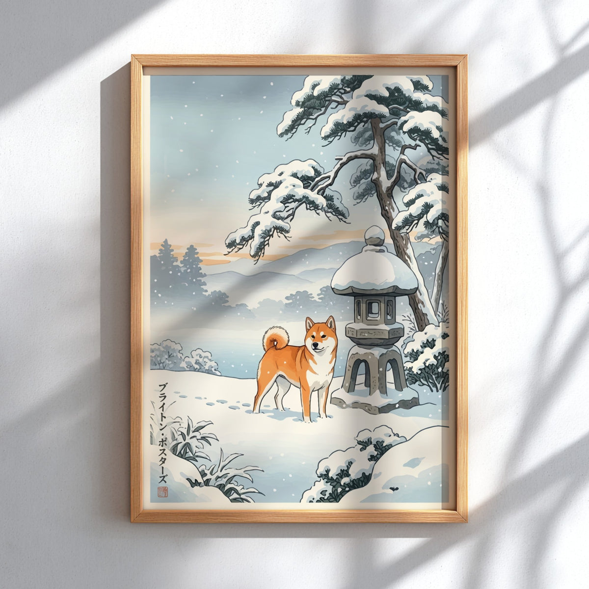 Poster featuring a Shiba Inu standing in snow next to a stone lantern outdoors.