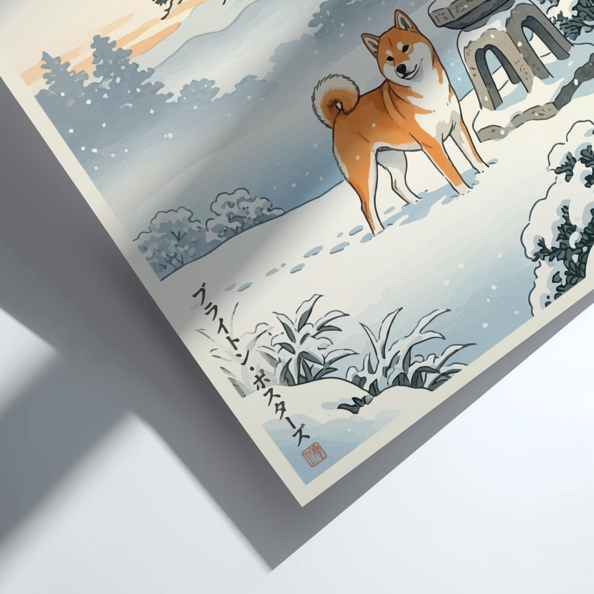 Poster featuring a Shiba Inu standing in snow next to a stone lantern outdoors.