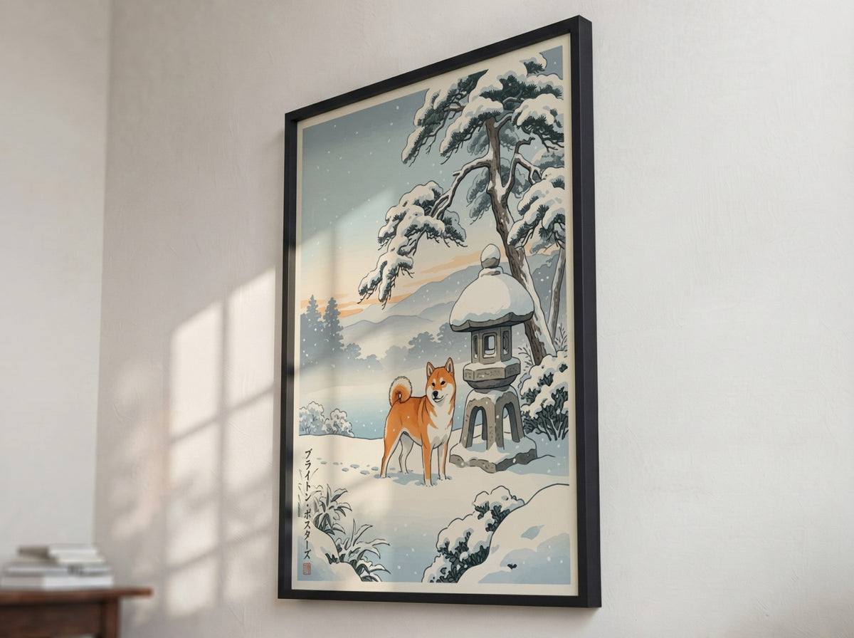 Poster featuring a Shiba Inu standing in snow next to a stone lantern outdoors.
