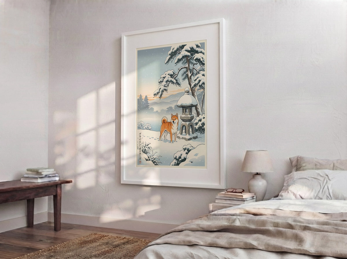 Poster featuring a Shiba Inu standing in snow next to a stone lantern outdoors.