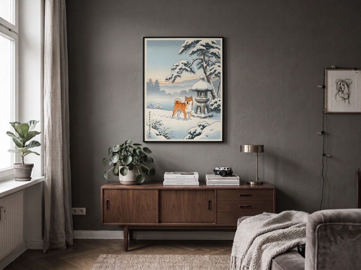 Poster featuring a Shiba Inu standing in snow next to a stone lantern outdoors.