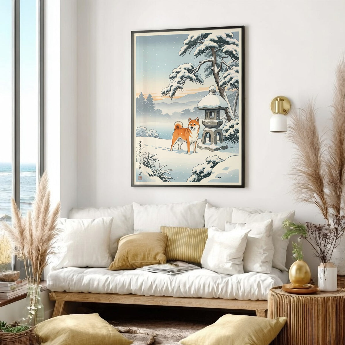 Poster featuring a Shiba Inu standing in snow next to a stone lantern outdoors.