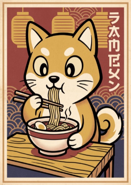 Shiba Inu eating ramen poster with Japanese lanterns and warm red and cream colors.
