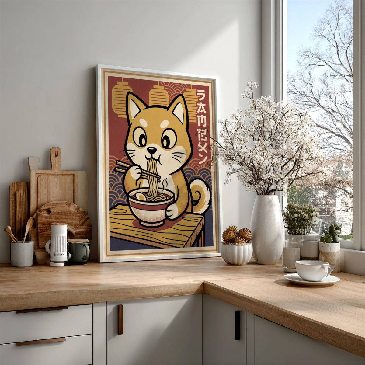 Shiba Inu eating ramen poster with Japanese lanterns and warm red and cream colors.