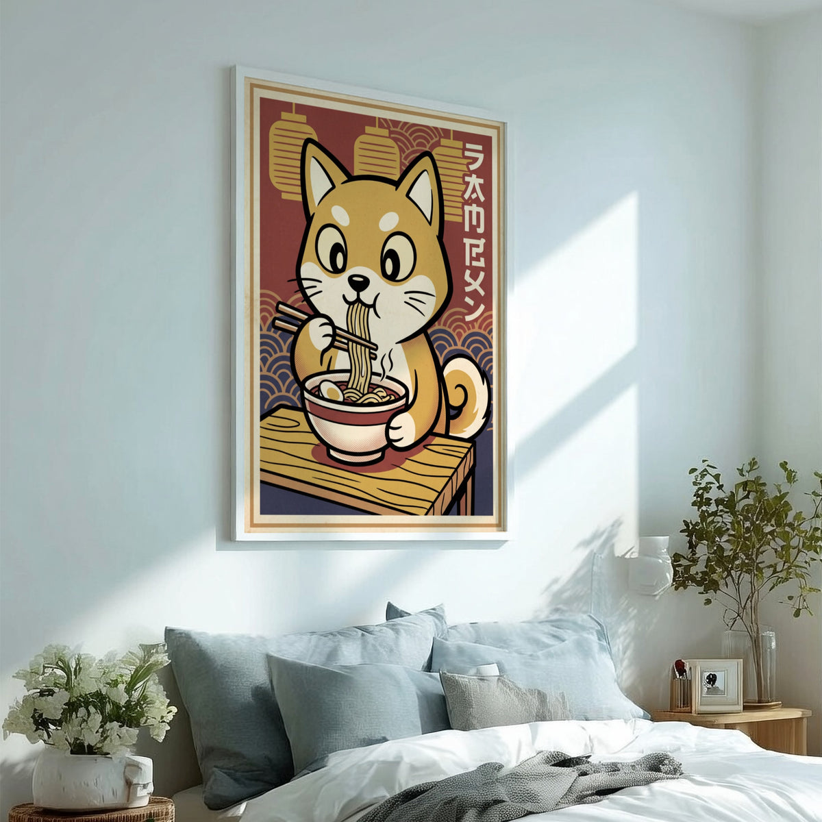 Shiba Inu eating ramen poster with Japanese lanterns and warm red and cream colors.
