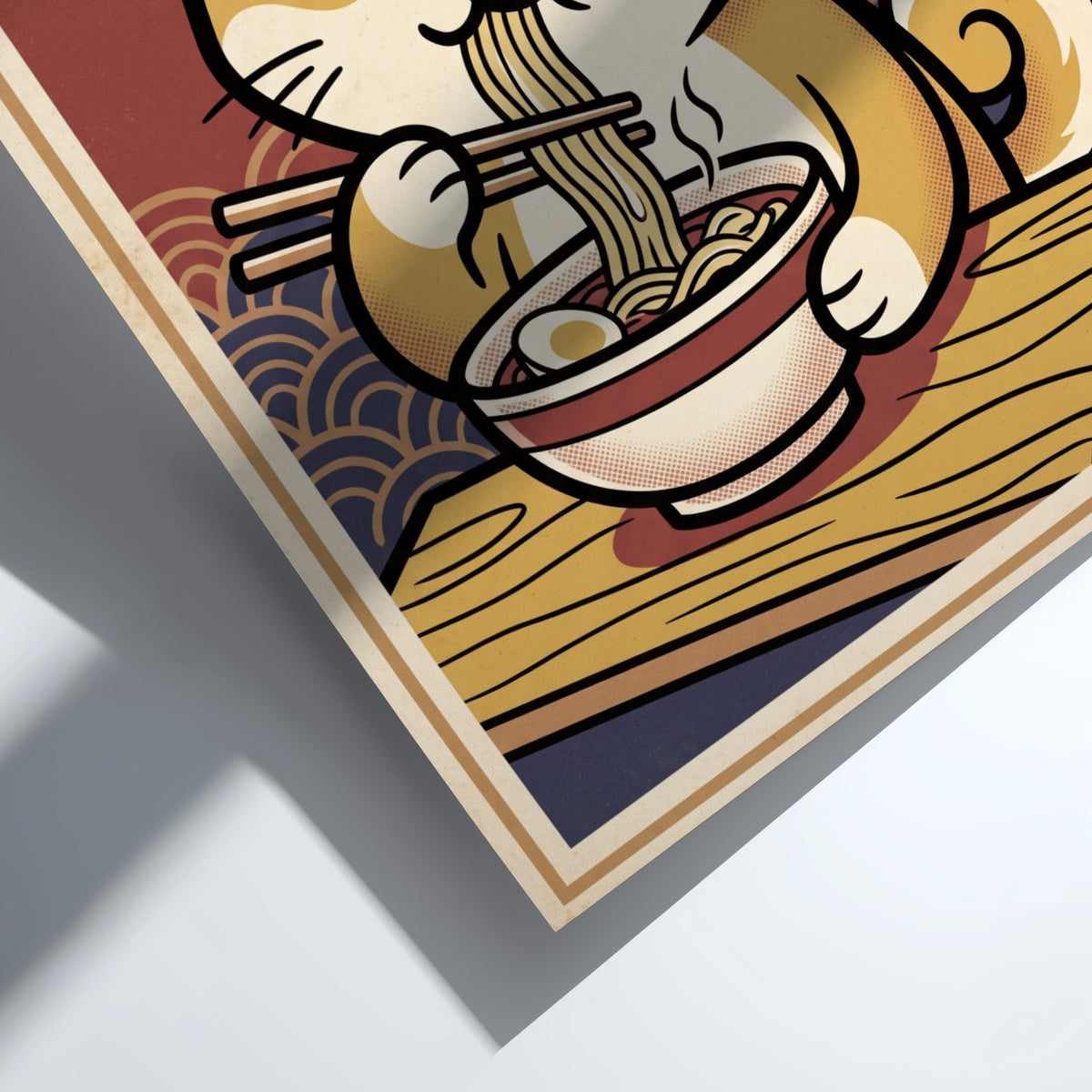 Shiba Inu eating ramen poster with Japanese lanterns and warm red and cream colors.