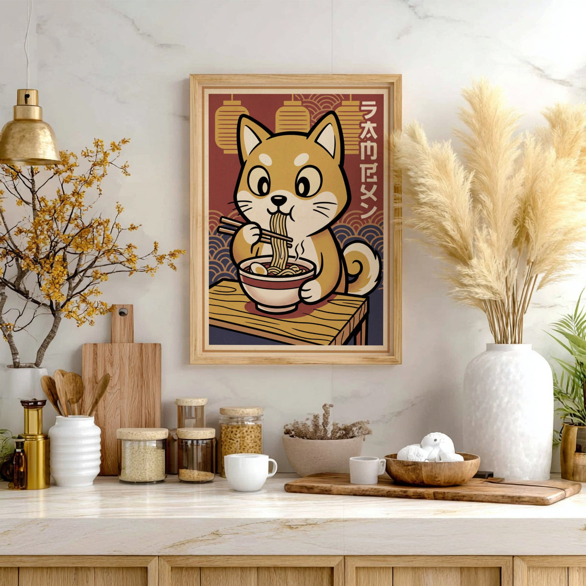 Shiba Inu eating ramen poster with Japanese lanterns and warm red and cream colors.